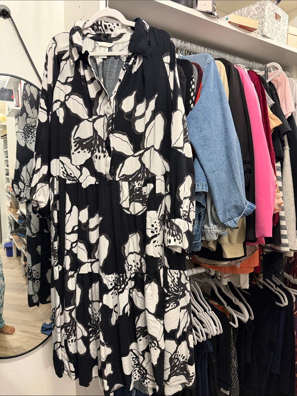 H&M Black and White Floral Tiered Midi Dress
